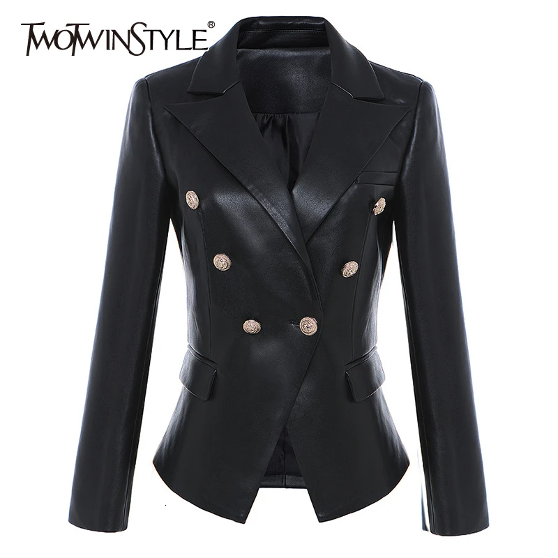 

TWOTWINSTYLE Black PU Leather Women's Blazer Notched Long Sleeve Button Pocket Female Suits 2019 Autumn Fashion New Clothing