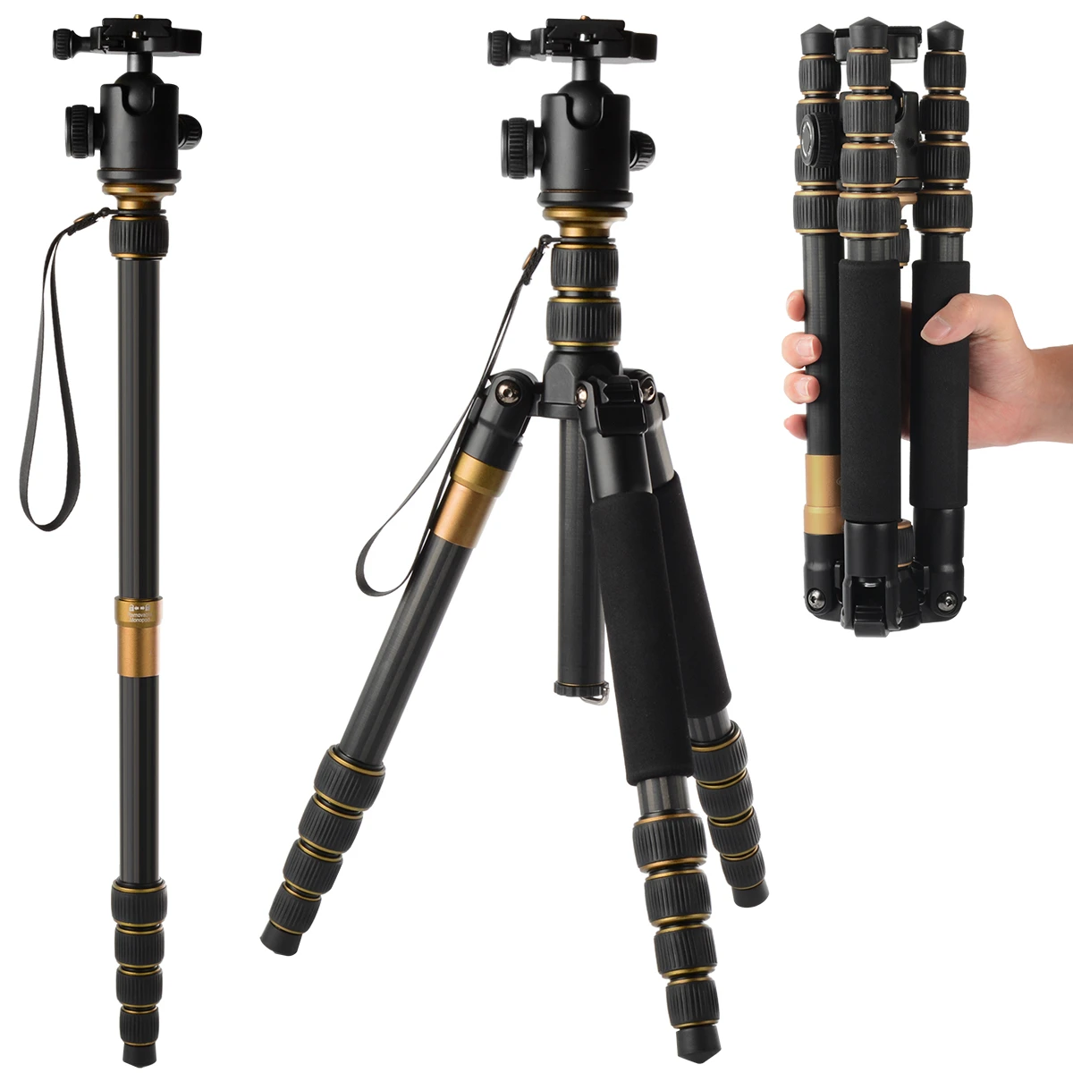 Tripod Monopod Ball Head Carbon Fiber Professional Portable Travel Lightweight for DSLR Digital Camera Stand Q666C 15kg Max Load