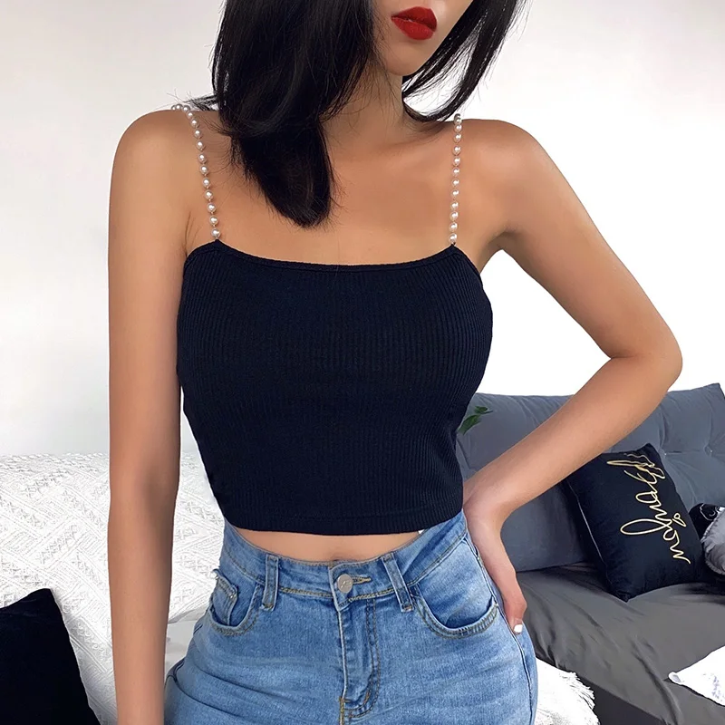 

Pearl Spaghetti Strap Camisole Women Sexy Cami Crop Top Streetwear Chic Sleeveless Slim Fit Rib Knitted Short Camisole Vest Top
