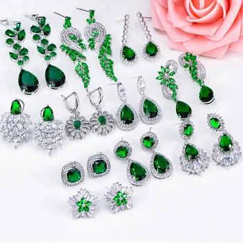 ThreeGraces Vintage Big Water Drop Green Crystal Stone Long Earrings Flower Cubic Zirconia Women Wedding Hanging Earring ER047