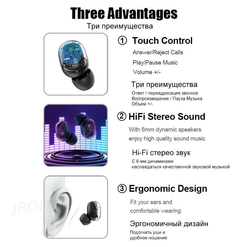 JRQITO Bluetooth 5 0 наушники беспроводные 9D стерео мини спортивные водонепроницаемые