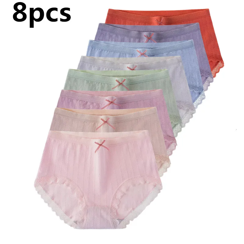 8Pcs Women lace Panties high mid Waist Pure Cotton Underwear Cute Printed Seamless Briefs Ladies Slimming Panty Plus SizeXXXL
