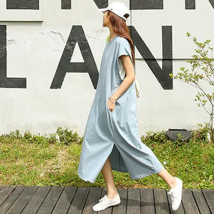 

Loose And Plus-sized Dress over-the-Knee Base Shirt Bat Sleeve Slit Skirt BF Students A- line Skirt Leisure T-shirt Long Skirts