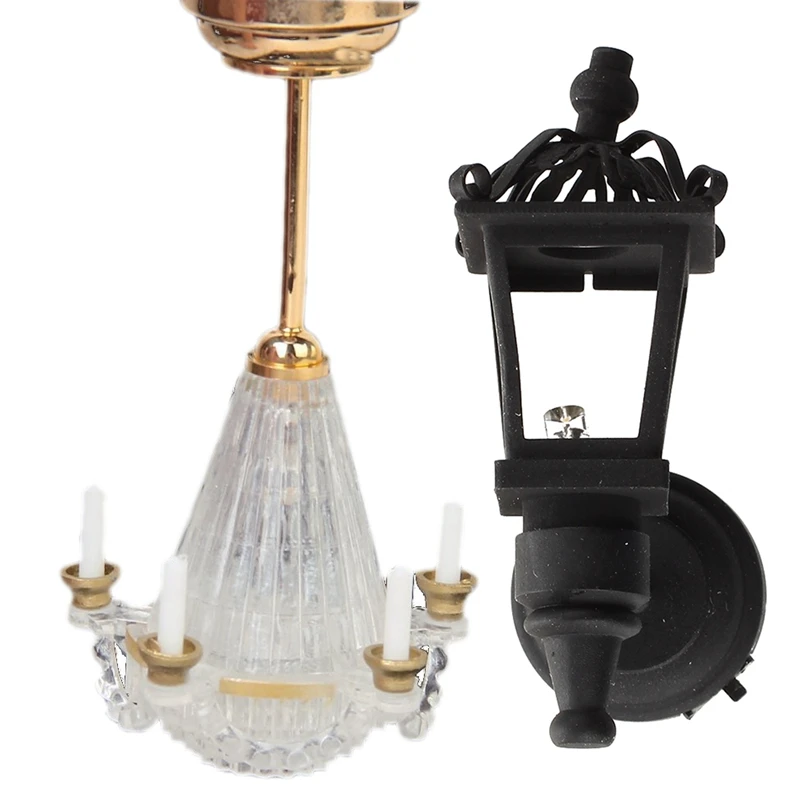 

1Pcs Metal LED Wall Light Model Black & 1Pcs 1:12 Dollhouse Miniatures Lichtstativ Five False Transparent Candle Chandelier LED