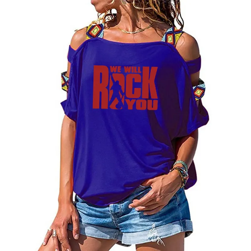 We Will Rock You, женская футболка, летняя, королева рок-группы, футболка, короткий рукав, хлопок, рок-ролл, женские сексуальные топы с открытыми плечами