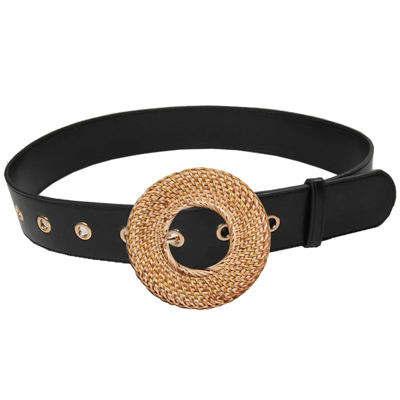 

Wooden Buckle Dress Belt For Women Casual Female Braided Wide Strap Female Designer Woven Girls Leather Belts BZ339