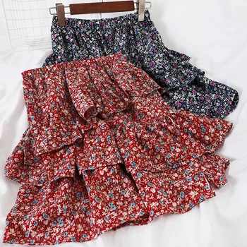 

Summer Retro Red Sweet Layered Cakee Skorts Skirt Slim Floral Cascading Puff Chiffon Short Mini Skirts