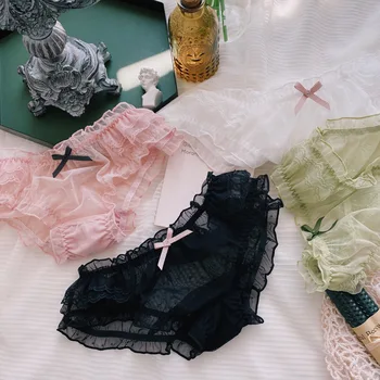 

Breathable And Thin Mesh Girl Cute Sexy Panties, Transparent Soft Lace Bow, Ruffled High Elasticity Cotton Crotch, Sweet Transpa