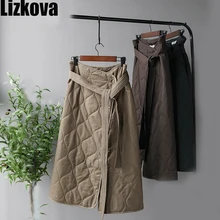 Зимние миди юбки женские черные стеганые с высокой талией трапециевидной формы юбка Chalaza однобортная юбка-парашют внизу с разрезом