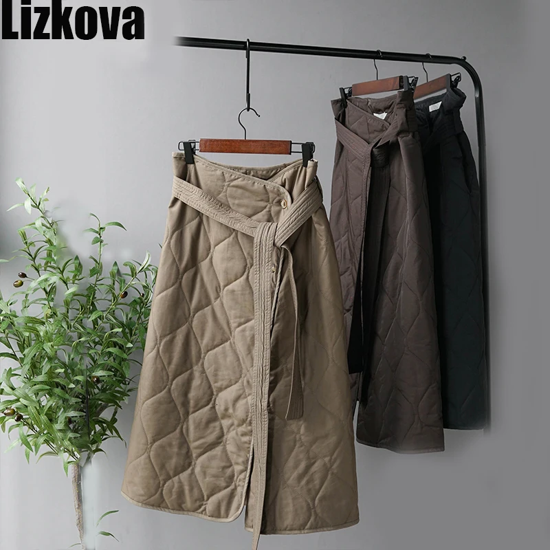 Comprar Invierno faldas Midi mujer negro acolchado de cintura alta falda Línea A Chalaza falda de paracaídas de un solo pecho