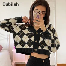 

Women's Sweater Plaid Printing Fashion Loose Y2k Cropped Cardigan Knitted Crop Tops Harajuku Coats Spring Autumn Casual Clothing