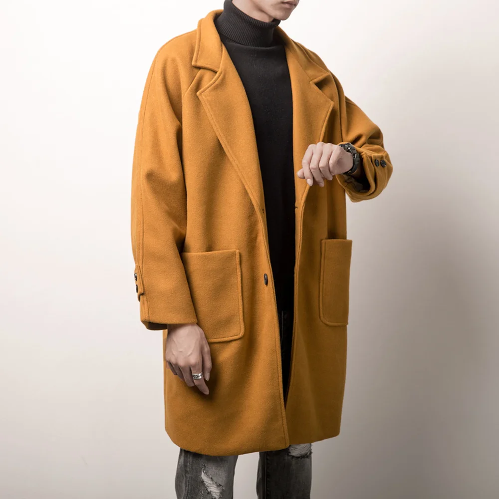 Men's windbreaker autumn/winter new medium-long style thickened windbreaker loose casual lapel youth male wear Wool Coat