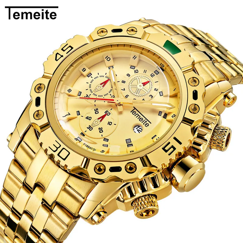 

TEMEITE Creative Golden Men Quartz Wristwatches 3D Dial Design Full Steel Calendar Waterproof Big Watches Top Brand Luxury Clock