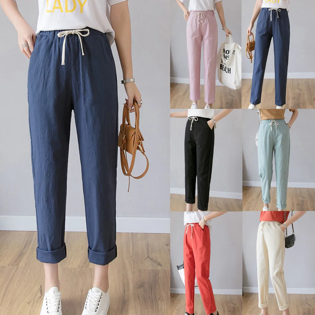 38#Women's High Waist Cotton Linen Trousers Loose Casual Thin Wide Leg Cropped Pants Spring Summer Solid Color | Женская одежда