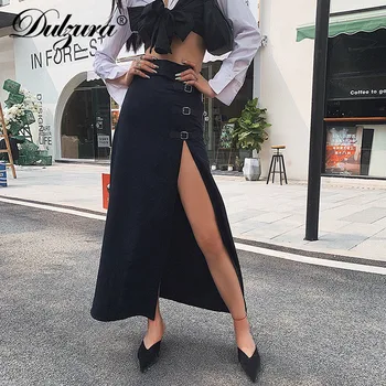 

Dulzura A line midi skirt side slit high waist button streetwear solid 2019 autumn winter party clothes gothic clubwear bottoms