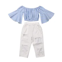 Ensemble 2 pièces pour bébés filles, vêtements d'été, T shirt à épaules dénudées + pantalon Long, manches longues, 1 6T