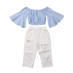 2 pçs conjunto de verão roupas da menina do bebê da criança do bebê meninas roupas fora do ombro camisetas + calças compridas roupa 1 6t manga longa algodão