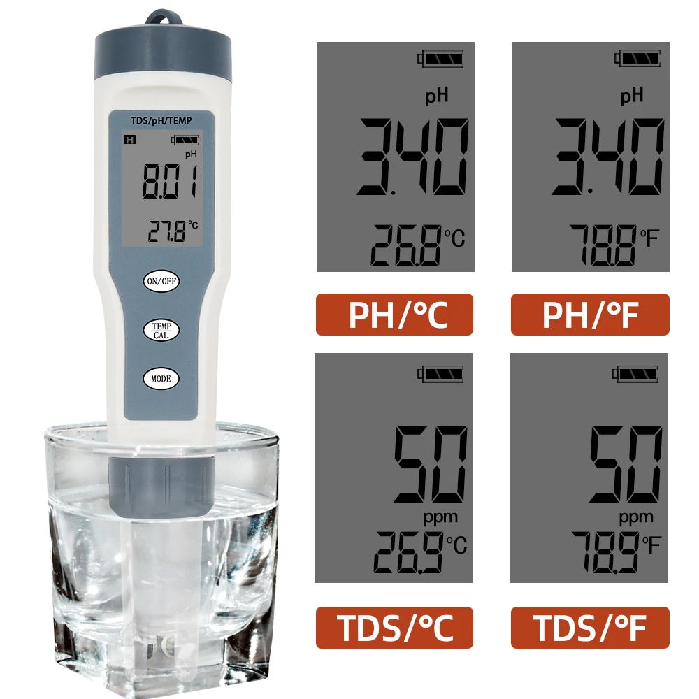 Probador de calidad de agua Lightswim con pantalla LCD retroiluminada medidor de temperatura TDS EC negro 3 en 1 para agua potable medidor de pH con resolución de alta precisión de 0.01 