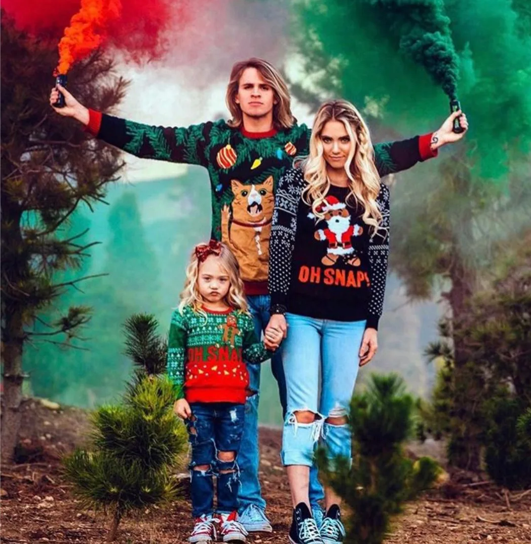 2019 Cartoon Santa Printing Christmas Sweater Father Mother Kids Three People Christmas Sweatshirts Family Matching Outfits