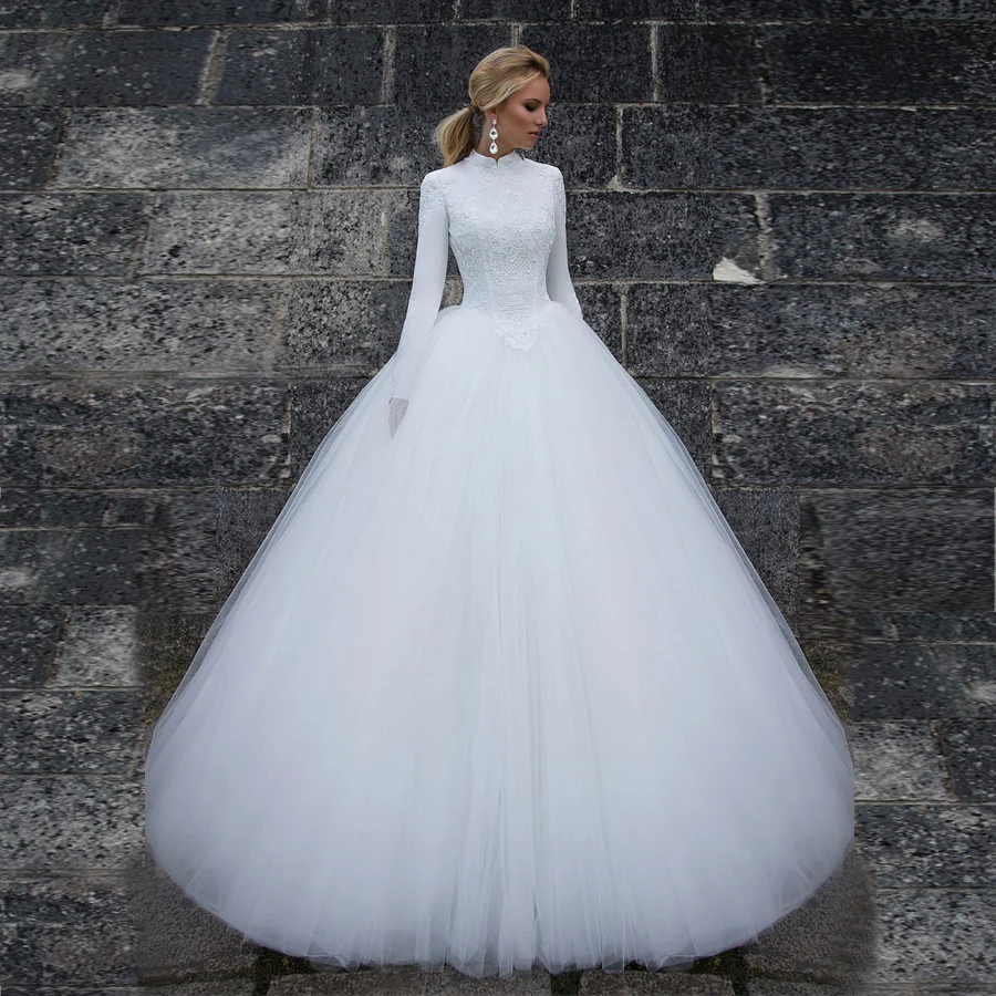 Мусульманский с высокой шеей стиль Белое Бальное платье Weding платье тюль с длинным рукавом свадебное Gownvestido de noiva sereia
