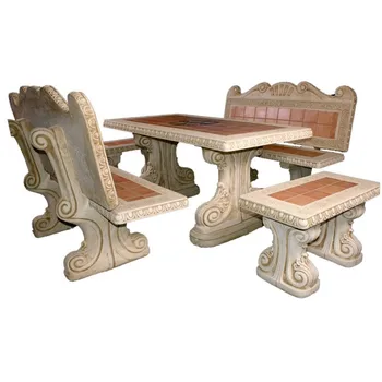 

Table set Zircon Elongated and Banks with Backrest for garden or outside of concrete-stone and Tiles