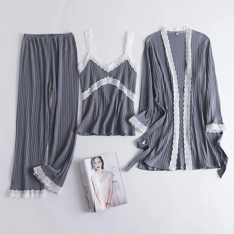 grey set Fiklyc нижнее белье, хлопок, женские пижамы из трех частей, наборы, в полоску, милые и милые, зимние, повседневные, домашние наборы, новинка - Цвет: grey set