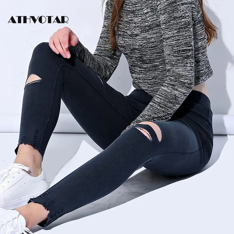

ATHVOTAR Plus Size M-5XL Hole Ripped Jeans Women Jeggings Cool Denim High Waist Skinny Jeans Pants Pencil Trousers Black