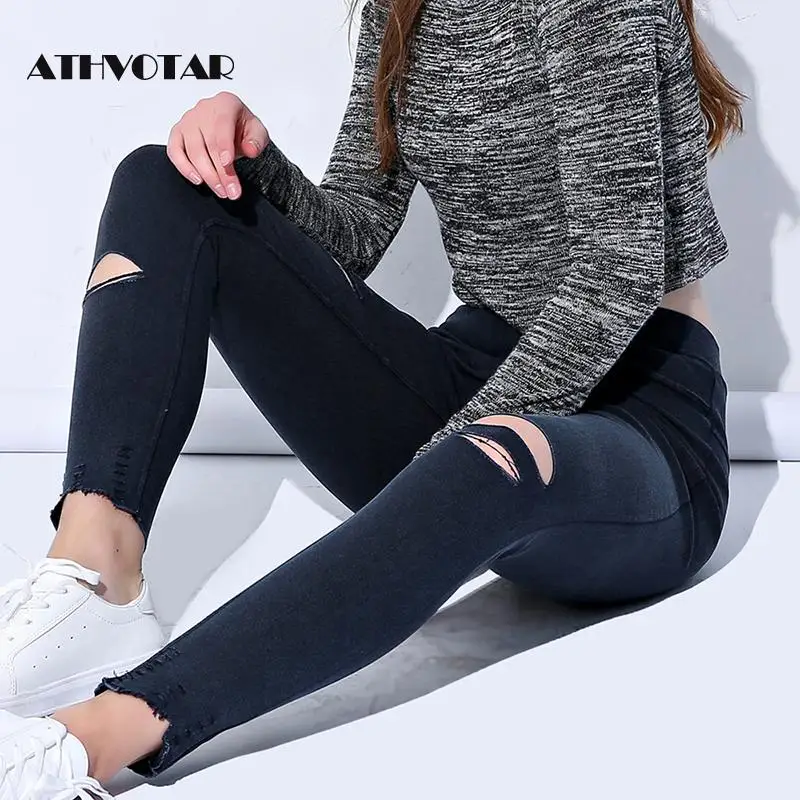ATHVOTAR Plus Size M 5XL Hole Ripped Jeans Women Jeggings Cool Denim High Waist Skinny Jeans Pants Pencil Trousers Black