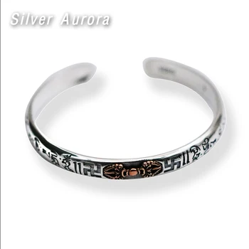

925 Sterling Silver Retro Color Open Cuff Buddhism Stamp Bangle for Women Simple Fashion Tibetan Buddhist Bracelet Jewelry