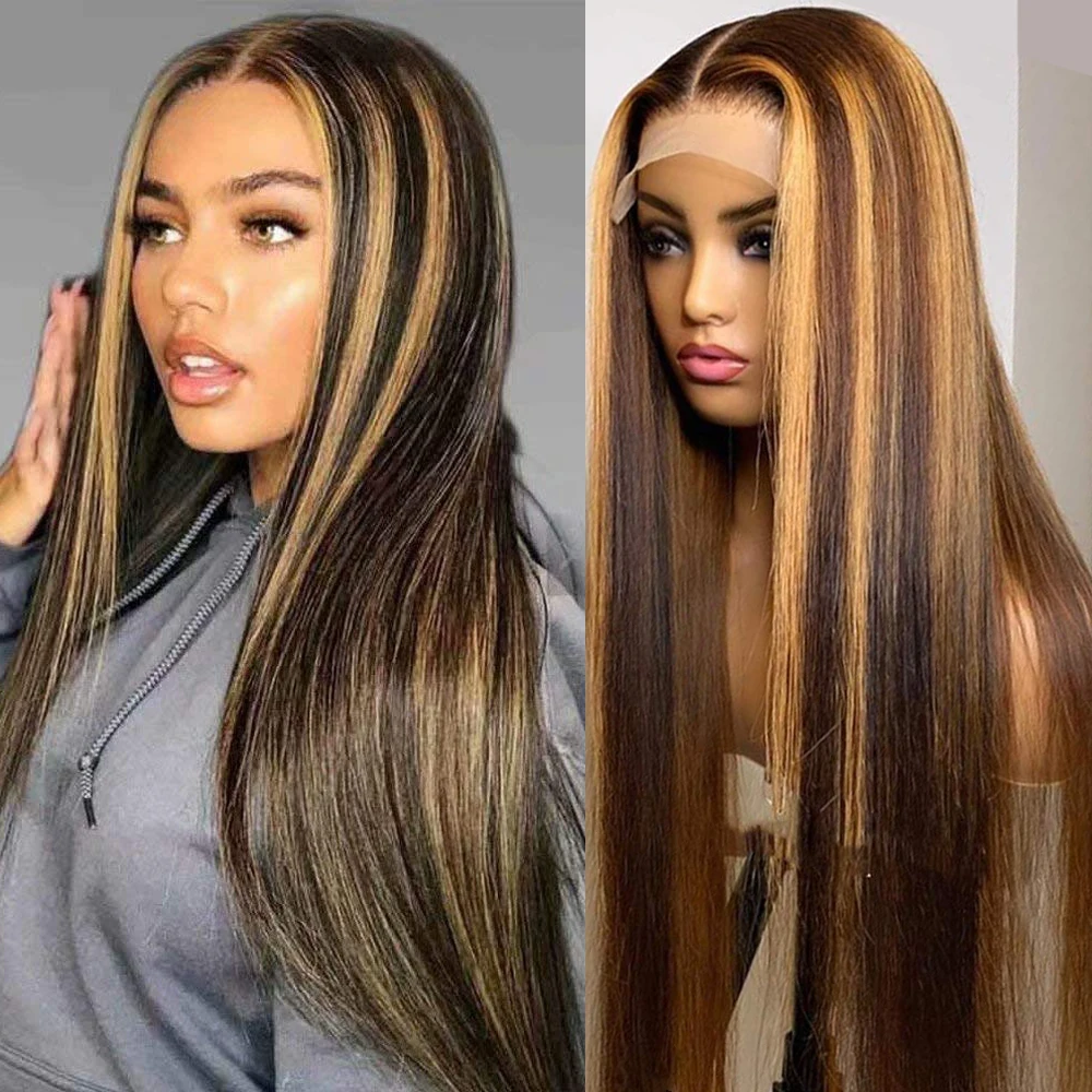 

13x1 Highlight Lace Front Human Hair Wigs Brazilian Straight 4/27 Ombre HD Lace Front Wig With Baby Hair For Black Women