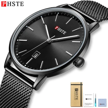 

PHSTE Brand Luxury Mens Watch Quartz Japan Movt Date Luminous Waterproof Slim Thin Steel Mesh Dress Male Wrist Watch Black Clock