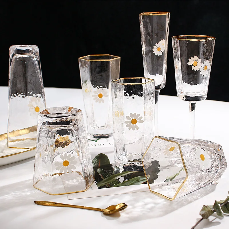 Household Wine Glass Set Little Daisy Water Cup Hexagon INS Phnom Penh Summer Juice Japanese Wire Mesh | Дом и сад