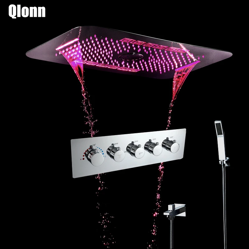 

710*430mm Bathroom LED 64 colors 5 Function Faucet Set Ceiling Showerhead Thermostatic Valve Rain Waterfall Massage Shower