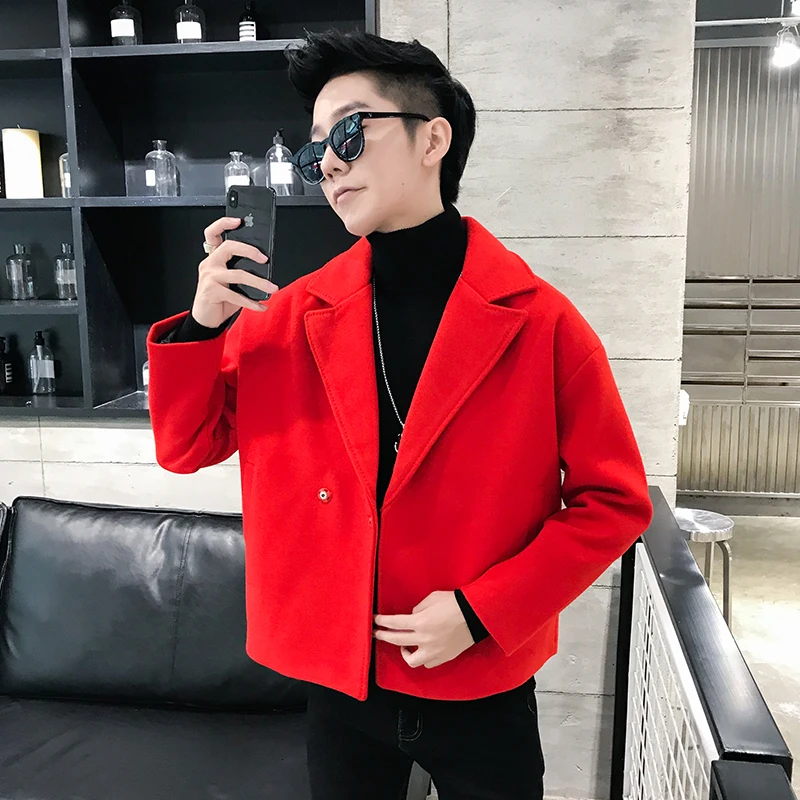 Short Woolen Coat Men's Slim Fashion Solid Color Casual Woolen Jacket Men Streetwear British Wind Woolen Coat Male Overcoat - Цвет: red