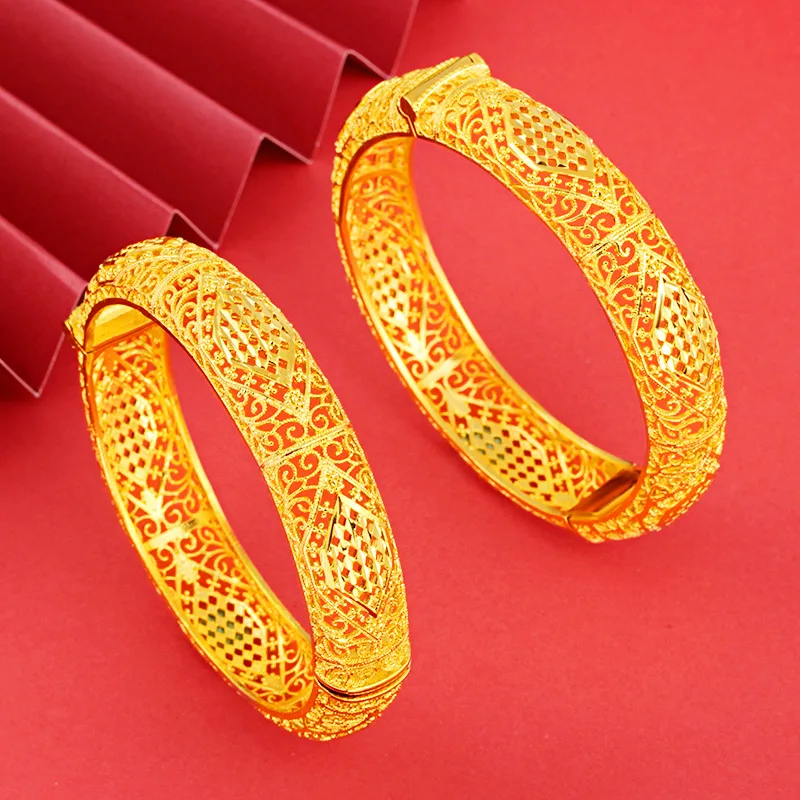 

Classical 24k Yellow Gold Bracelet Bangles For Women Retro Hollow Gold Female Bracelet Wedding Engagement Fine Jewelry Gifts