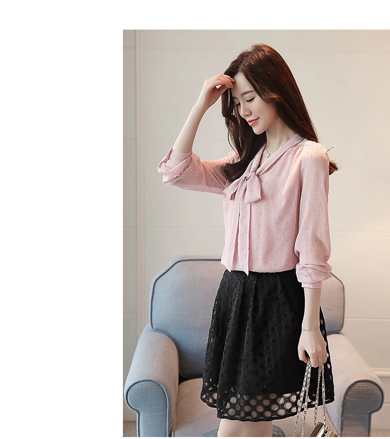 Autumn Women's Bow Chiffon Blouse Full Sleeve Korean Fashion OL Casual Solid Color Shirt Lace Up Tops T9D255T