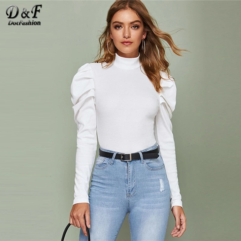 

Dotfashion White Casual High Neck Puff Sleeve T-shirt Women 2019 Autumn Skinny Basic Tee Tops Ladies Solid Trim Top