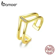 bamoer V shape Double Layer Finger Ring for Women 925 Sterling Silver Gold Color Fashion Korean Style Jewelry BSR040