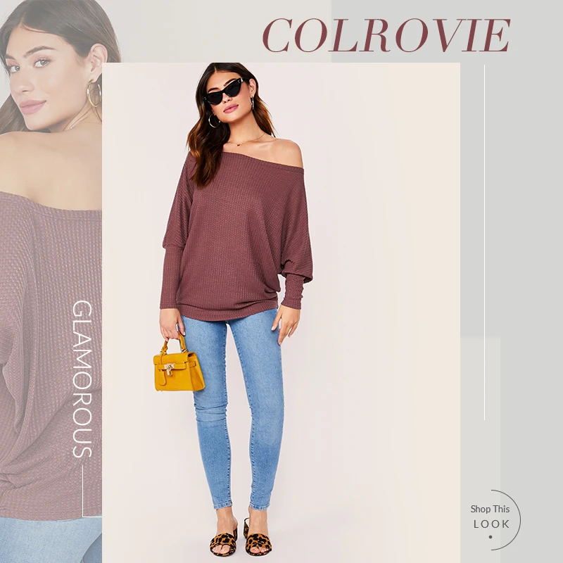 COLROVIE/коричневый топ с асимметричным вырезом и длинными рукавами, Женская Повседневная Однотонная футболка, осенняя уличная одежда с длинным рукавом, базовые сексуальные пуловеры