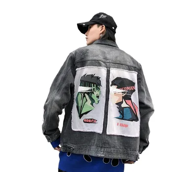 

Autumn and Winter NEW Washed Black Loose Denim Jacket Men Creative Hulk VS Captain America graffiti Printed Casual Jackets Coats