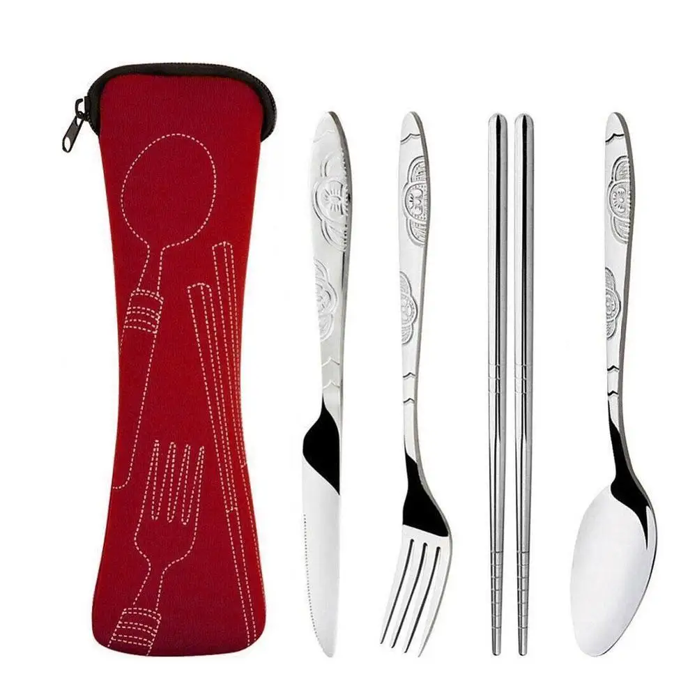 

4 Pcs/Set Stainless Steel Fork Spoon Chopsticks Portable Travel Camping Cutlery Tools Tableware with Cutlery Bag