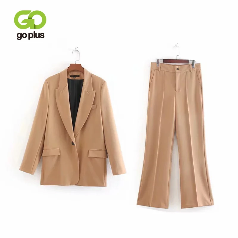 

GOPLUS Autumn Winter OL Women's Suit Single Button Blazer & High Waist Flare Pant Office Lady Conjuntos De Mujer Ensemble Femme