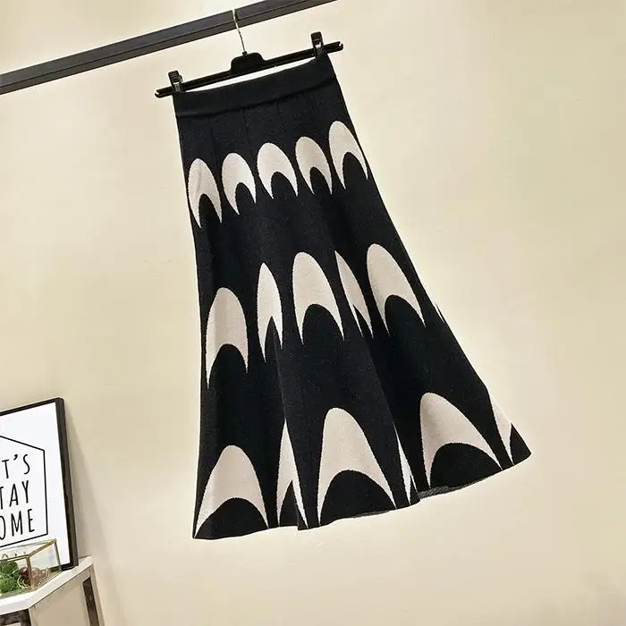 black skirts Woherb, винтажные трапециевидные юбки для женщин, с рисунком Луны, высокая талия, вязаная юбка для женщин, корейская мода, Осень-зима, новинка, Jupe Femme 91259 - Цвет: black skirts