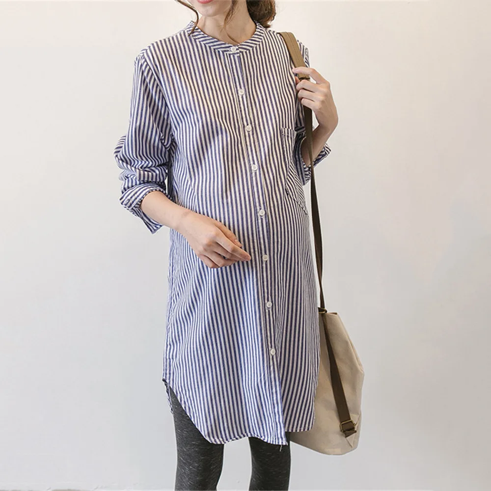 

Maternity Clothes 2019 Autumn New Style Korean-style Mid-length Stand Collar Stripes Long-sleeved Shirt Dress