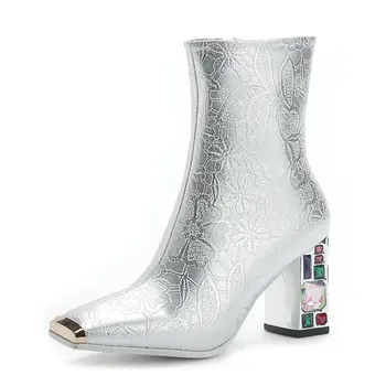 

Embossed Women Quality Ankle Boots Winter Newest Zipper crystal High Heels Sexy Dancing party shoes Woman Short Boots