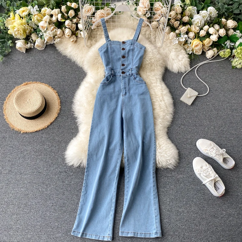 

ZOSOL Chic Hong Kong-Style Retro Denim Overall Women's 2020 New Style Sexy Boob Tube Top Strap Jumpsuit Wide Leg Pants