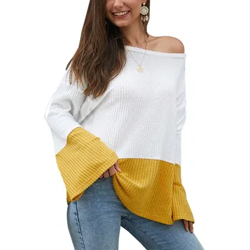 

Winter Autumn Women Sweaters Tops Casual Patchwork Color Matching O Neck Knitting Bell Long Sleeve Sweater