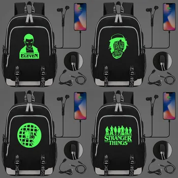 

Luminous Green Stranger Things USB Headphone Jack Boy Girl Kids School bag Women Bagpack Canvas Men Backpack Packsack Bookbag