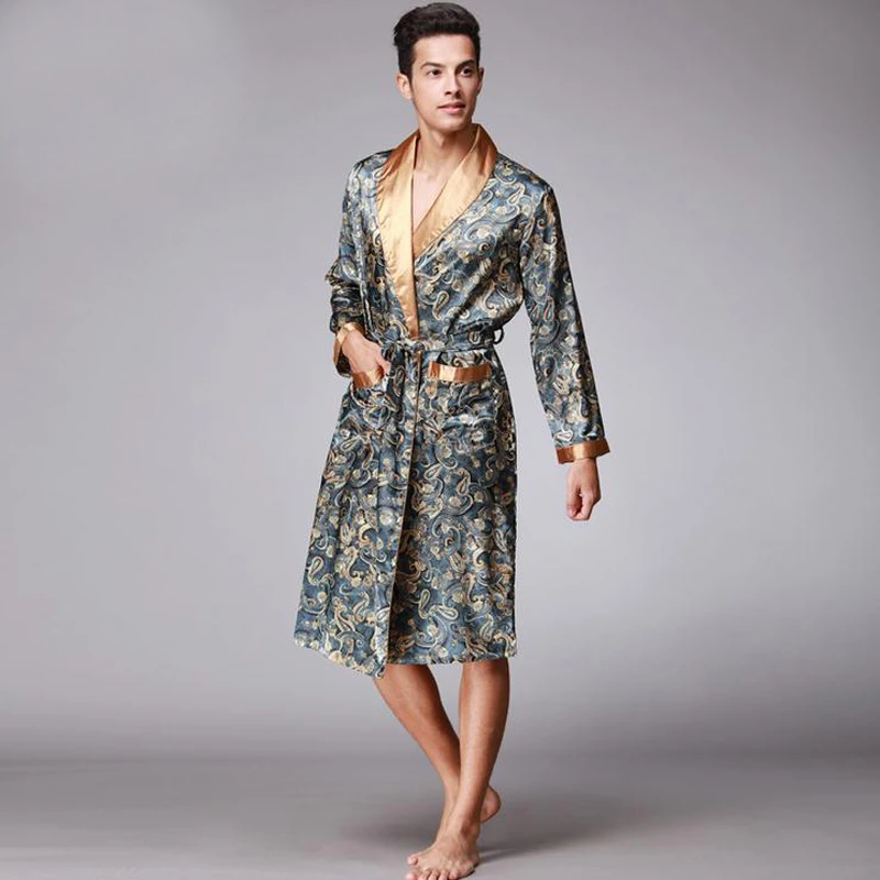 Blue-Male-Silk-Kimono-Bath-Robe-Gown-Chinese-Men-s-Rayon-Nightwear-Turn-Down-Collsr-Sleepwear