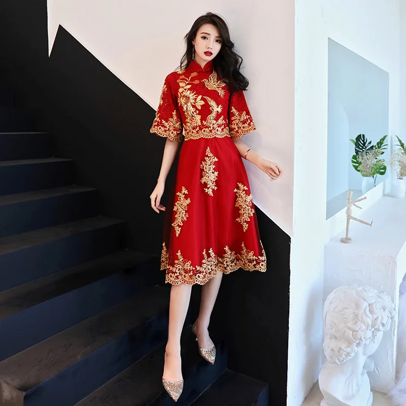 Бургундия вышивка Восточный Стиль праздничные платья Китайский винтажный традиционный свадебный Cheongsam элегантные вечерние платья